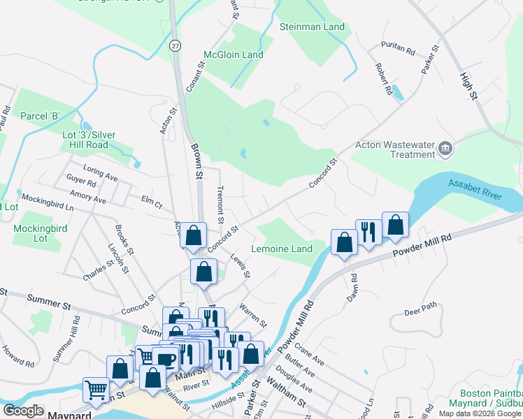 map of restaurants, bars, coffee shops, grocery stores, and more near 89 Concord Street in Maynard