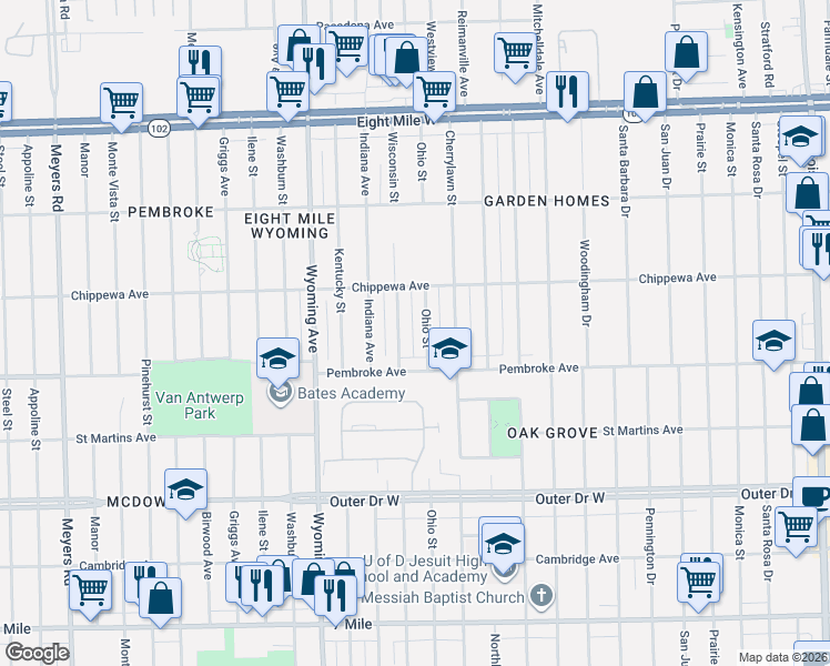 map of restaurants, bars, coffee shops, grocery stores, and more near 19961 Ohio Street in Detroit