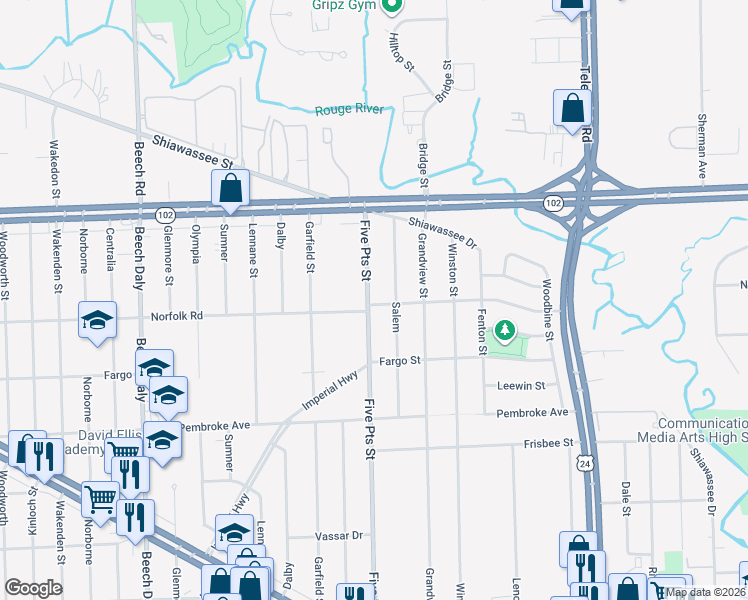 map of restaurants, bars, coffee shops, grocery stores, and more near 20400 Five Points Street in Redford Charter Township