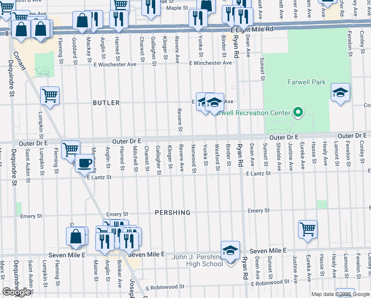 map of restaurants, bars, coffee shops, grocery stores, and more near 19700 Revere Avenue in Detroit