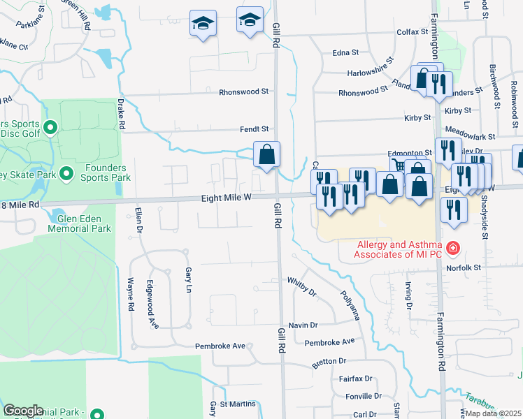 map of restaurants, bars, coffee shops, grocery stores, and more near 34625 West 8 Mile Road in Livonia