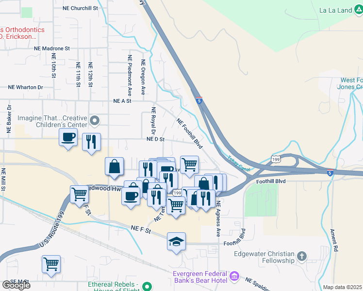 map of restaurants, bars, coffee shops, grocery stores, and more near 2001 Northeast D Street in Grants Pass