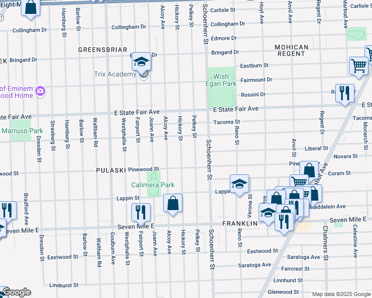 map of restaurants, bars, coffee shops, grocery stores, and more near 19566 Hickory Street in Detroit
