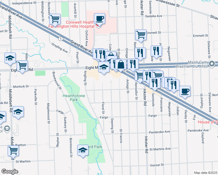 map of restaurants, bars, coffee shops, grocery stores, and more near 27820 Long Street in Livonia