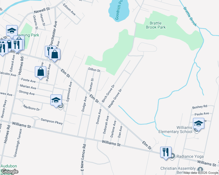 map of restaurants, bars, coffee shops, grocery stores, and more near 45 Birch Grove Dr in Pittsfield