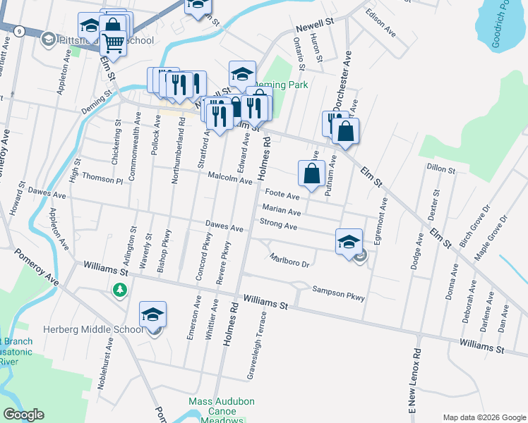 map of restaurants, bars, coffee shops, grocery stores, and more near 25 Strong Avenue in Pittsfield