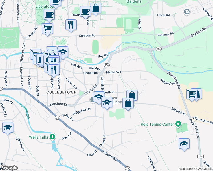 map of restaurants, bars, coffee shops, grocery stores, and more near 217 Cornell Street in Ithaca