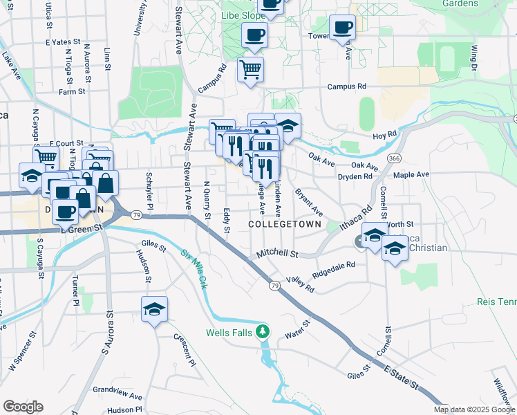 map of restaurants, bars, coffee shops, grocery stores, and more near 201 College Avenue in Ithaca