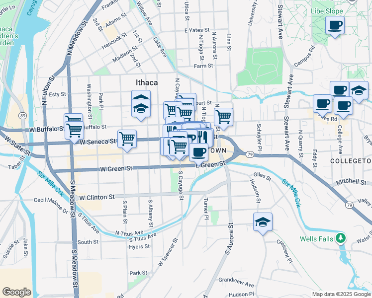 map of restaurants, bars, coffee shops, grocery stores, and more near in Ithaca