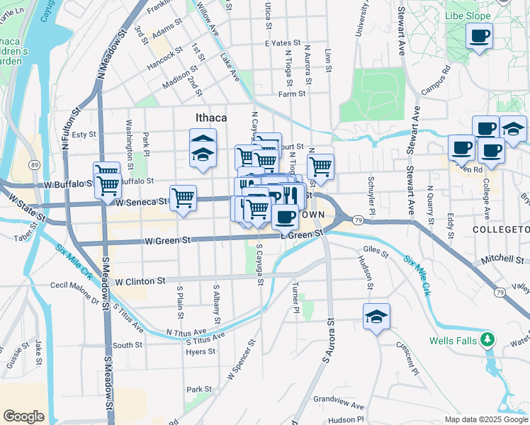 map of restaurants, bars, coffee shops, grocery stores, and more near in Ithaca
