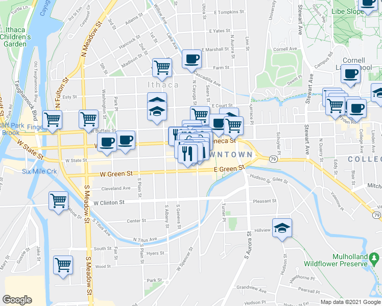 map of restaurants, bars, coffee shops, grocery stores, and more near 124 West State Street in Ithaca
