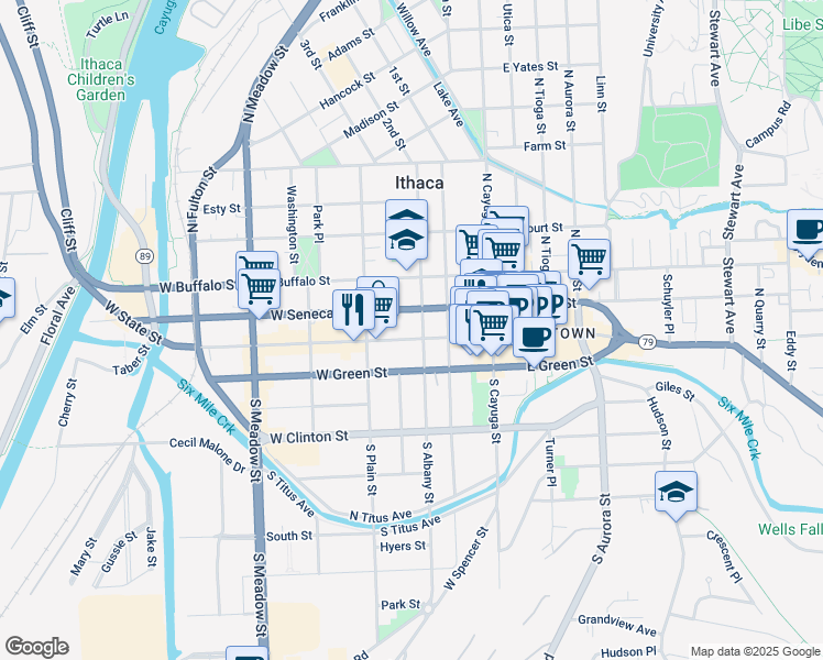 map of restaurants, bars, coffee shops, grocery stores, and more near 214 West State Street in Ithaca
