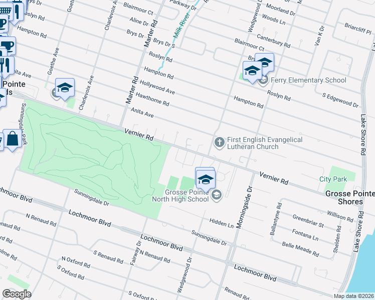 map of restaurants, bars, coffee shops, grocery stores, and more near 999 Vernier Circle in Grosse Pointe Woods