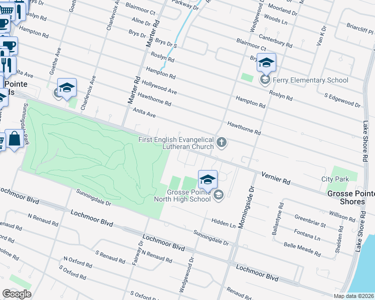 map of restaurants, bars, coffee shops, grocery stores, and more near 999 Vernier Circle in Grosse Pointe Woods
