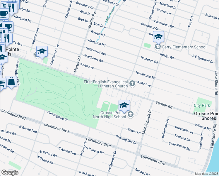 map of restaurants, bars, coffee shops, grocery stores, and more near 999 Vernier Circle in Grosse Pointe Woods