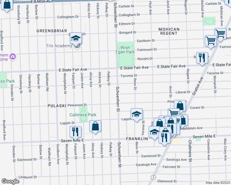 map of restaurants, bars, coffee shops, grocery stores, and more near 19558 Pelkey Street in Detroit