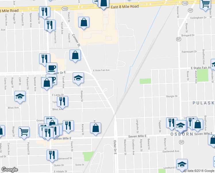 map of restaurants, bars, coffee shops, grocery stores, and more near 5021 Outer Drive East in Detroit