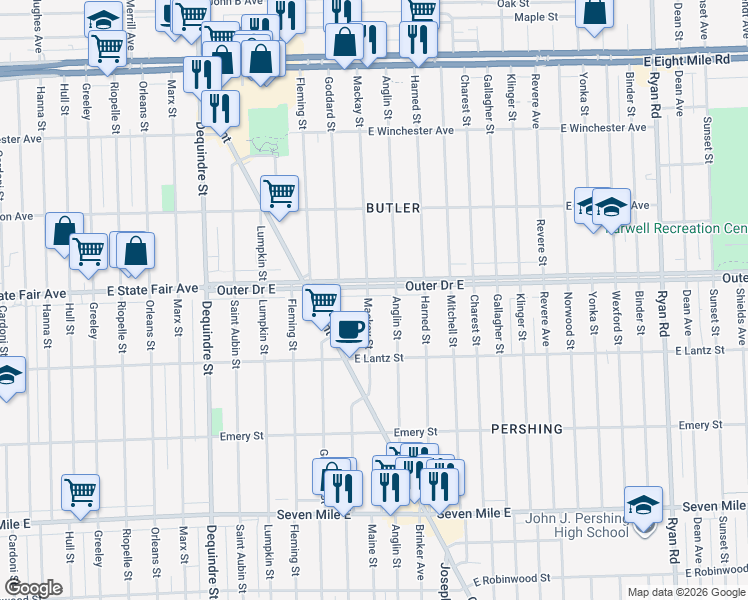 map of restaurants, bars, coffee shops, grocery stores, and more near 19714 Mackay Street in Detroit