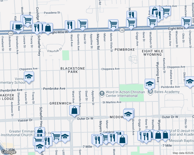 map of restaurants, bars, coffee shops, grocery stores, and more near 19974 Appoline Street in Detroit