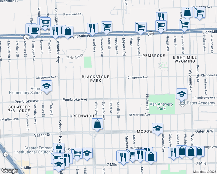 map of restaurants, bars, coffee shops, grocery stores, and more near 19969 Steel Street in Detroit