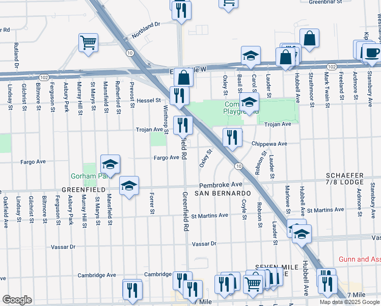map of restaurants, bars, coffee shops, grocery stores, and more near 20034 Prest Street in Detroit