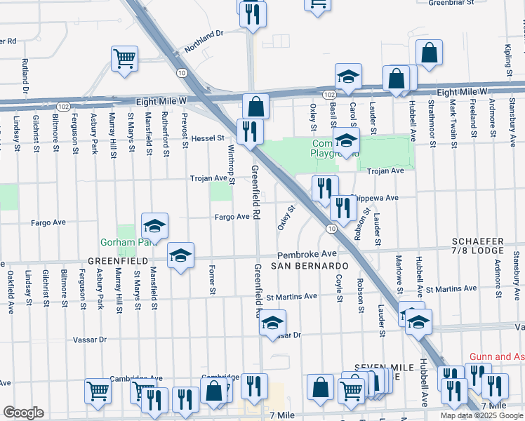 map of restaurants, bars, coffee shops, grocery stores, and more near 20001 Greenfield Road in Detroit