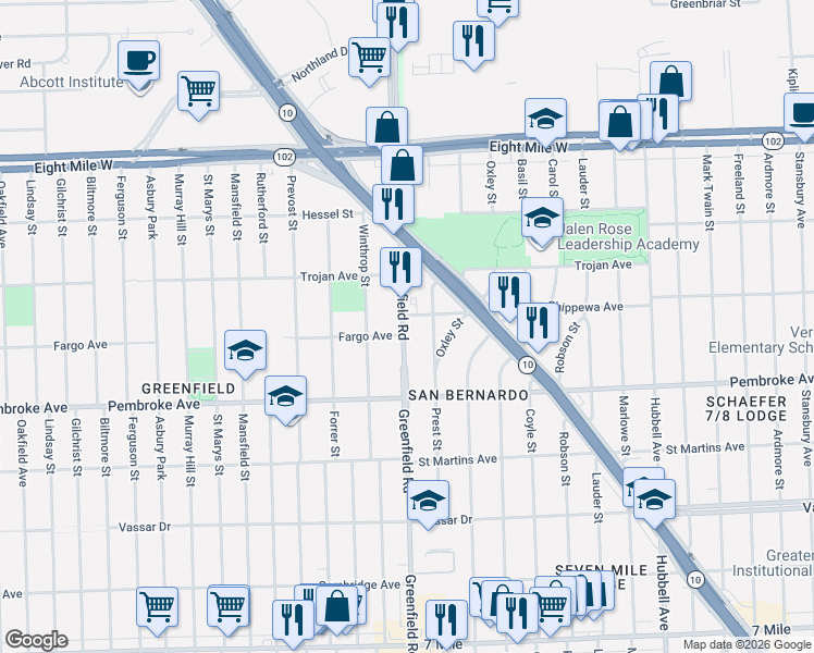map of restaurants, bars, coffee shops, grocery stores, and more near 20001 Greenfield Road in Detroit