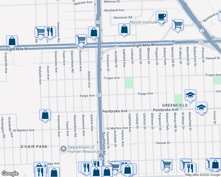 map of restaurants, bars, coffee shops, grocery stores, and more near 20027 Fenmore Street in Detroit