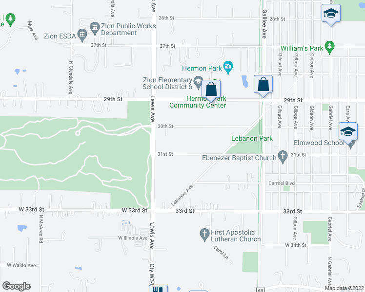 map of restaurants, bars, coffee shops, grocery stores, and more near 2902 31st Street in Zion
