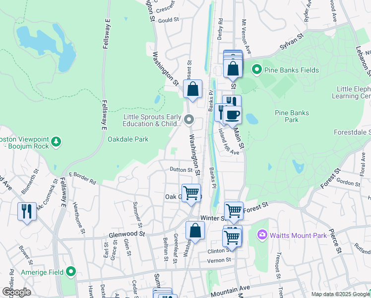 map of restaurants, bars, coffee shops, grocery stores, and more near 376 Washington Street in Malden