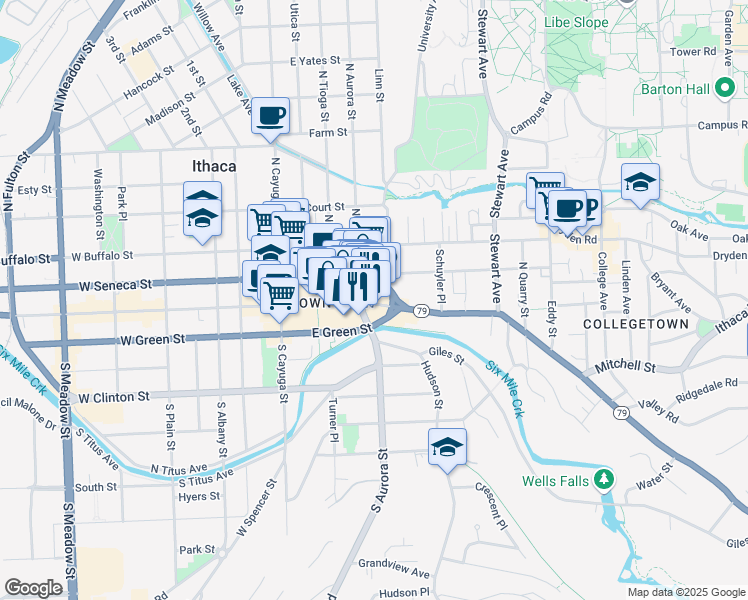 map of restaurants, bars, coffee shops, grocery stores, and more near 314 East State Street in Ithaca