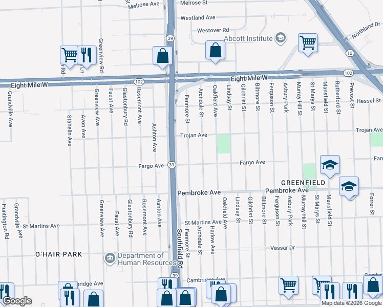 map of restaurants, bars, coffee shops, grocery stores, and more near 20027 Fenmore Street in Detroit