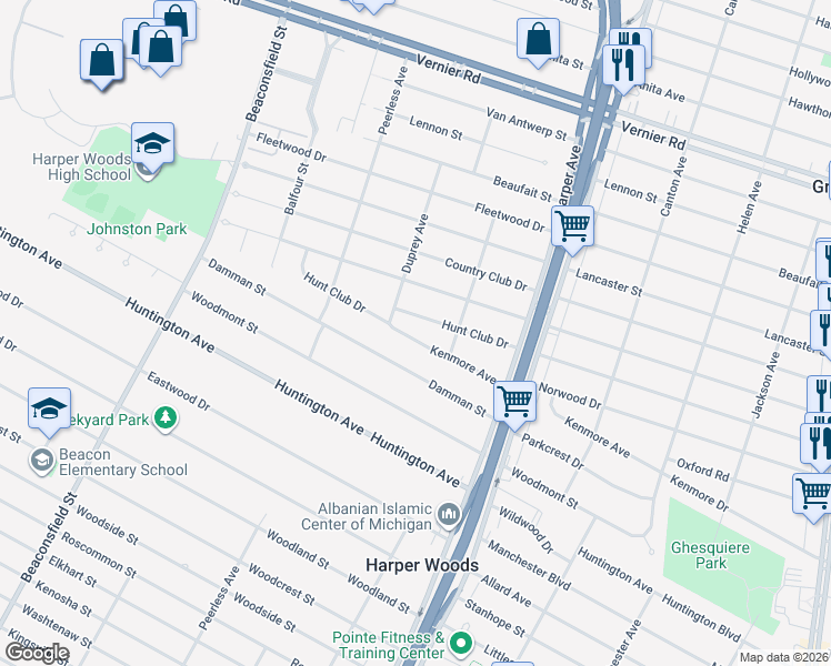 map of restaurants, bars, coffee shops, grocery stores, and more near 20440 Kenmore Avenue in Harper Woods