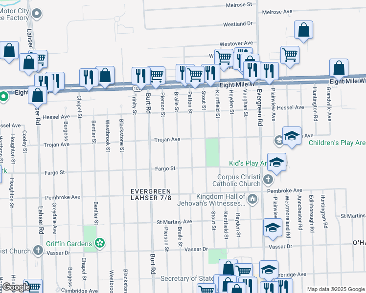 map of restaurants, bars, coffee shops, grocery stores, and more near 20079 Patton Street in Detroit