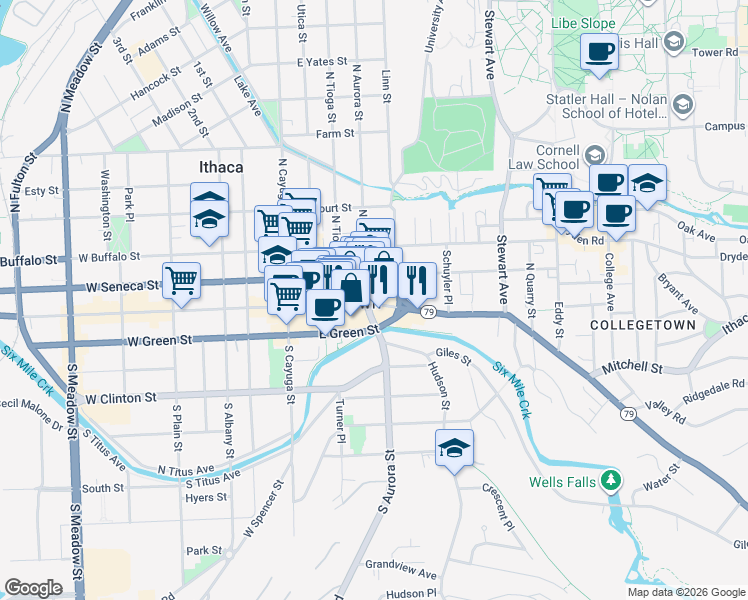 map of restaurants, bars, coffee shops, grocery stores, and more near 306 East State Street in Ithaca