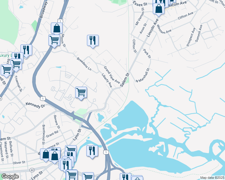 map of restaurants, bars, coffee shops, grocery stores, and more near Salem Street in Revere