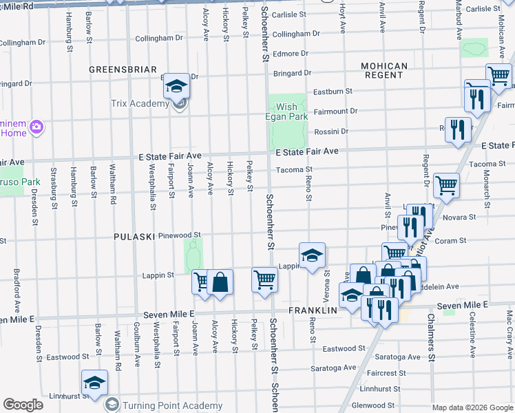 map of restaurants, bars, coffee shops, grocery stores, and more near 19558 Pelkey Street in Detroit