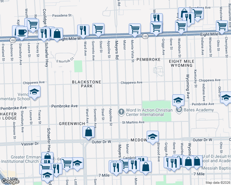 map of restaurants, bars, coffee shops, grocery stores, and more near 19974 Appoline Street in Detroit