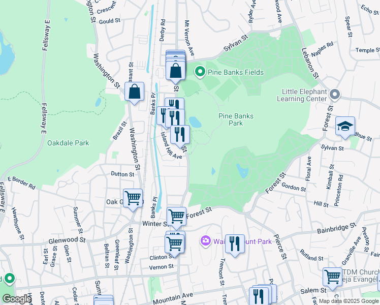 map of restaurants, bars, coffee shops, grocery stores, and more near 1087 Main Street in Malden