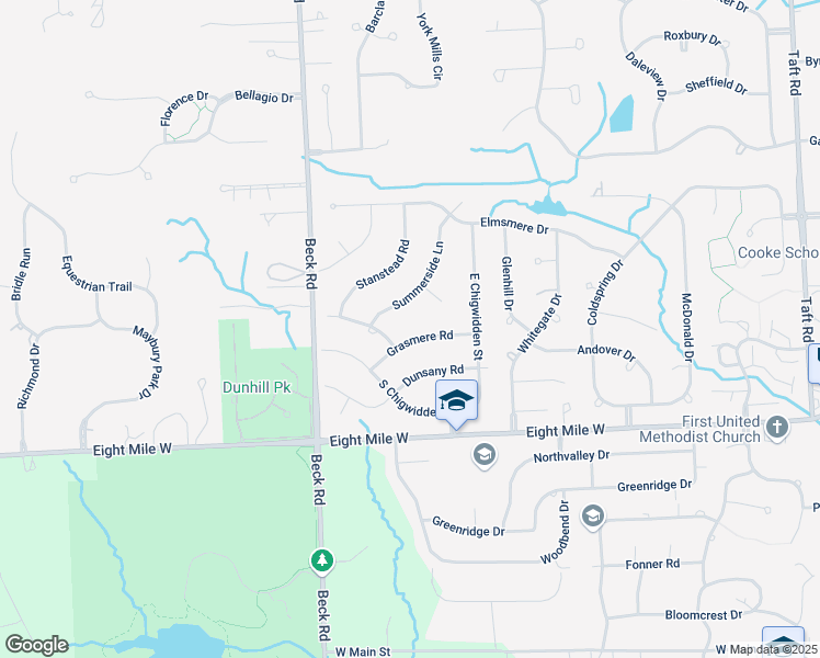 map of restaurants, bars, coffee shops, grocery stores, and more near 47100 Grasmere Road in Northville