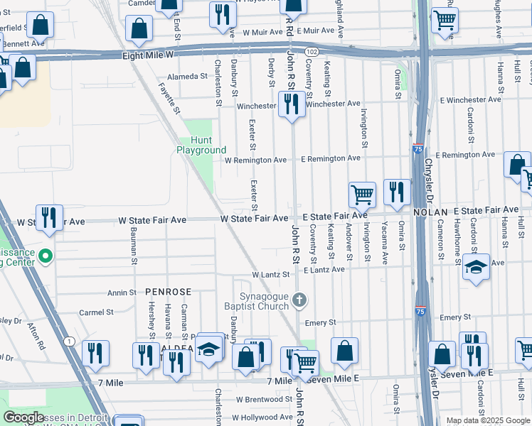 map of restaurants, bars, coffee shops, grocery stores, and more near 124 West State Fair Avenue in Detroit