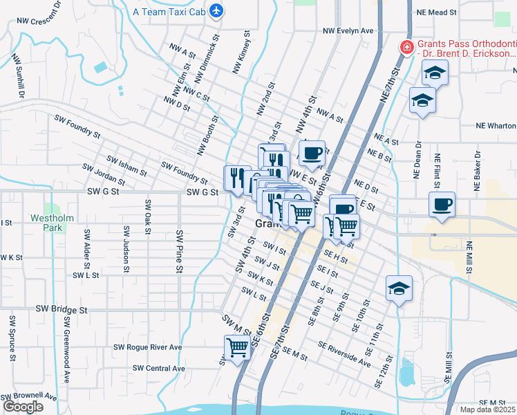 map of restaurants, bars, coffee shops, grocery stores, and more near 307 Southwest G Street in Grants Pass