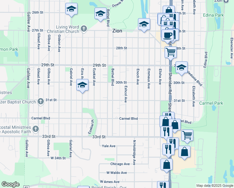 map of restaurants, bars, coffee shops, grocery stores, and more near 3023 Bethel Boulevard in Zion