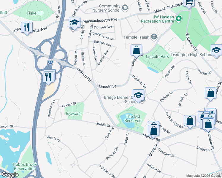 map of restaurants, bars, coffee shops, grocery stores, and more near 248 Lincoln Street in Lexington