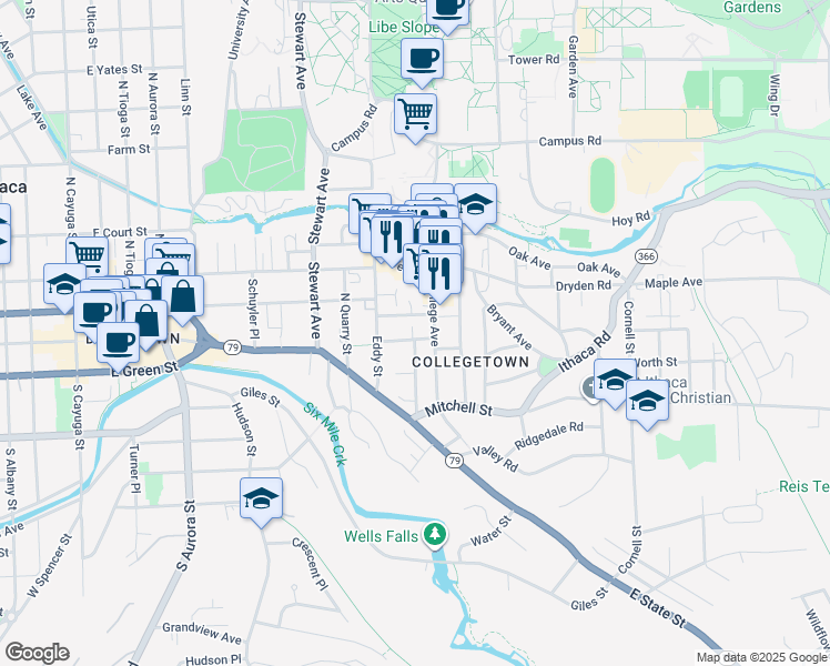 map of restaurants, bars, coffee shops, grocery stores, and more near 109 Cook Street in Ithaca