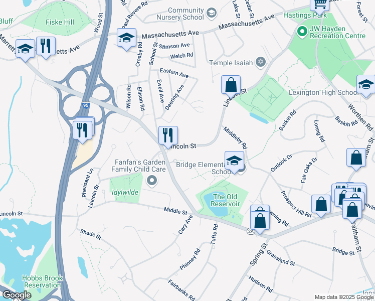 map of restaurants, bars, coffee shops, grocery stores, and more near 248 Lincoln Street in Lexington