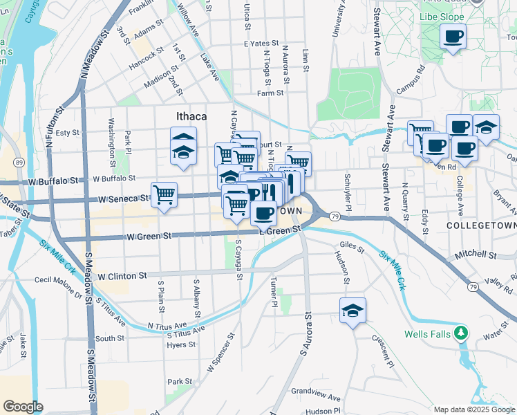 map of restaurants, bars, coffee shops, grocery stores, and more near in Ithaca