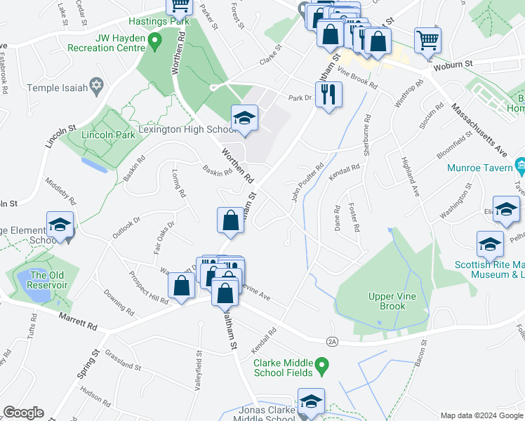 map of restaurants, bars, coffee shops, grocery stores, and more near 8 Captain Parker Arms in Lexington