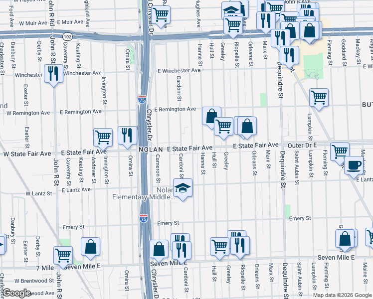 map of restaurants, bars, coffee shops, grocery stores, and more near 20013 Russell in Highland Park