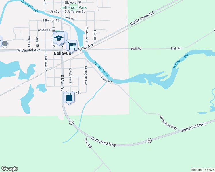 map of restaurants, bars, coffee shops, grocery stores, and more near 599 County Road 402 in Bellevue